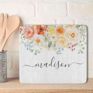 Tabla De Cortar Monograma de nombre personalizado acuarela floral 