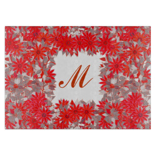 Tabla De Cortar Monograma enmarcado con flores - rojo y gris