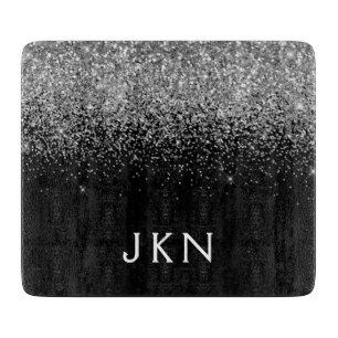 Tabla De Cortar Monograma Glitter Negro Plateado Iniciales Nombre 