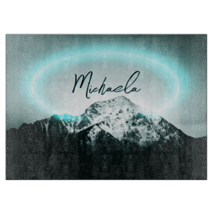 Tabla De Cortar Monograma misterioso de neón azul de montaña nevad
