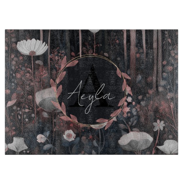 Tabla De Cortar Monograma moderno Whimsical Elegante de Flores Sil (Anverso)