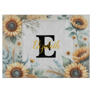 Tabla De Cortar Monograma nombre floral girasol pastel acuarela
