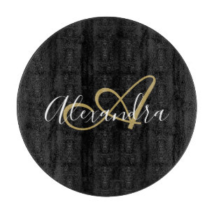Tabla De Cortar Monograma Oro Negro Elegante Script Nombre Chef
