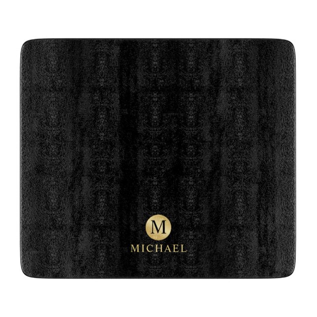 Tabla De Cortar Monograma personalizado de lujo negro y oro (Anverso)