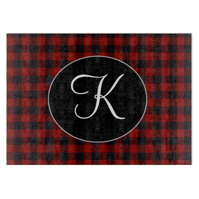 Tabla De Cortar Monograma Personalizado Rojo y Negro Buffalo Plaid (Anverso)