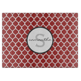 Tabla De Cortar Monograma rojo de Quatrefoil
