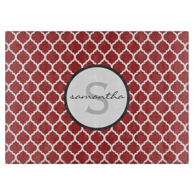 Tabla De Cortar Monograma rojo de Quatrefoil (Anverso)