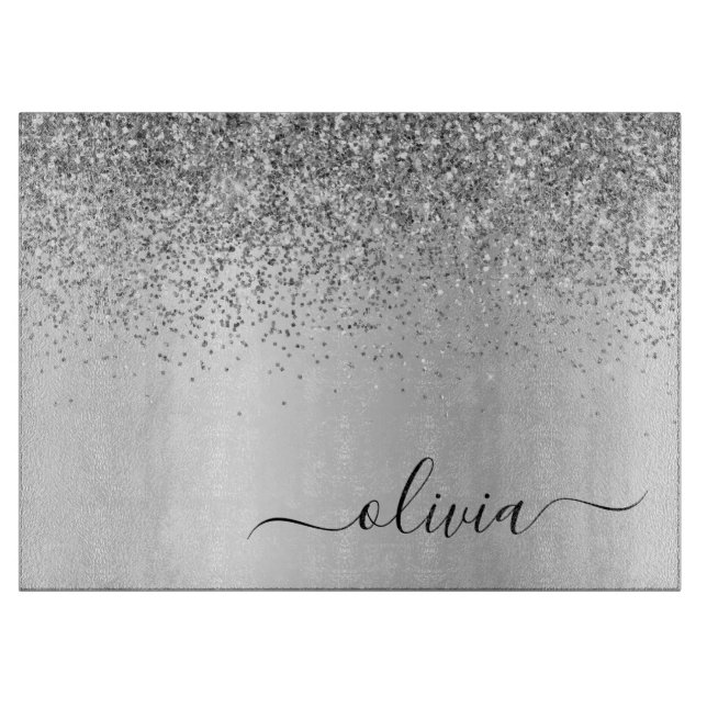 Tabla De Cortar Monograma Script Plata Purpurina Negro Nombre Giro (Anverso)