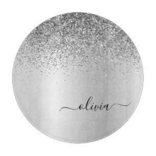 Tabla De Cortar Monograma Script Plata Purpurina Negro Nombre Giro