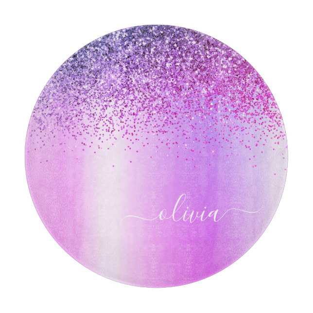 Tabla De Cortar Monograma Script Purple Black Purpurina Girly Nomb (Anverso)