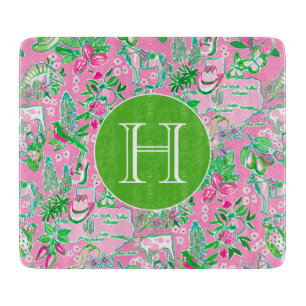 Tabla De Cortar Monogramación del patrón de adormidera rosa y verd