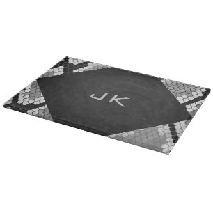 Tabla De Cortar Monogramado gris, blanco y negro piel de serpiente