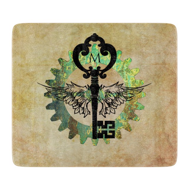 Tabla De Cortar Monogramed Steampunk WingKey Rusty CogWheel (Anverso)