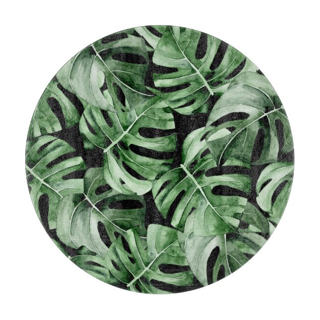 Tabla De Cortar Monstera Oscura: Impresión de acuarela tropical. (Anverso)