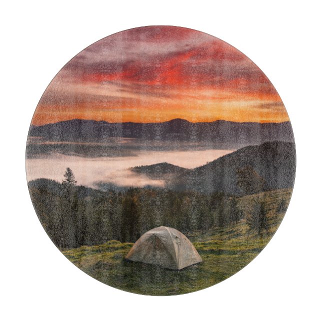 Tabla De Cortar Montañas | Amanecer de niebla de acampada (Anverso)