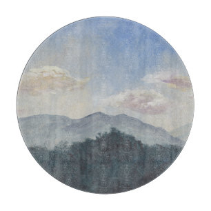Tabla De Cortar Montañas Azules Gouache: Vibrante escena natural