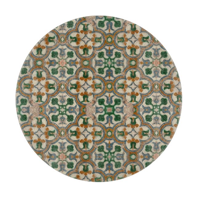 Tabla De Cortar Mostaza verde floral Azulejos Patrón geométrico (Anverso)