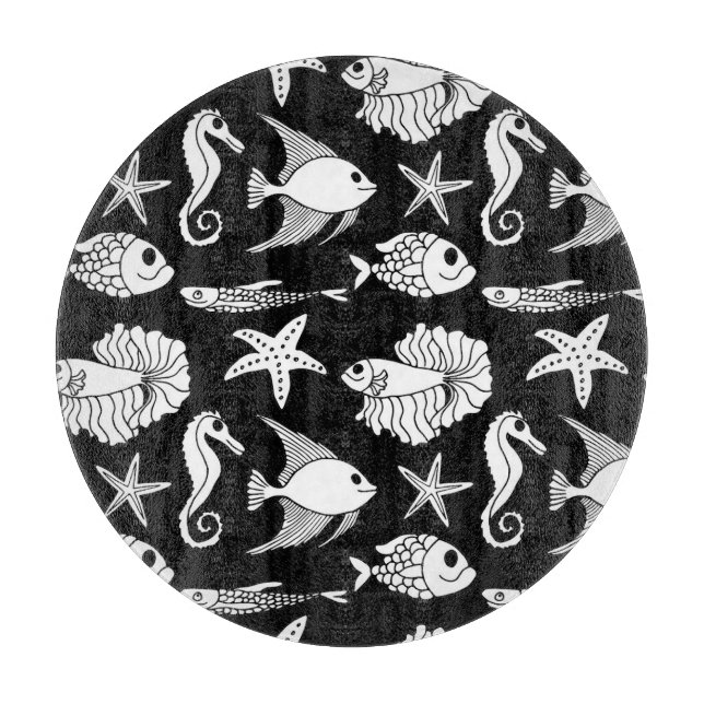 Tabla De Cortar Motif De Pescado: Patrón Blanco Negro. (Anverso)