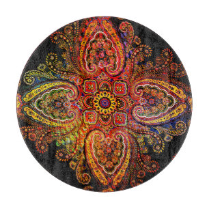 Tabla De Cortar Motivo de Paisley Multicolor sobre Negro 002