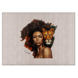 Tabla De Cortar Mujer afroamericana con león majestuoso