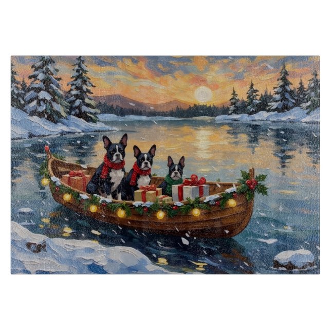 Tabla De Cortar Navidad con barco de Boston Terrier (Anverso)
