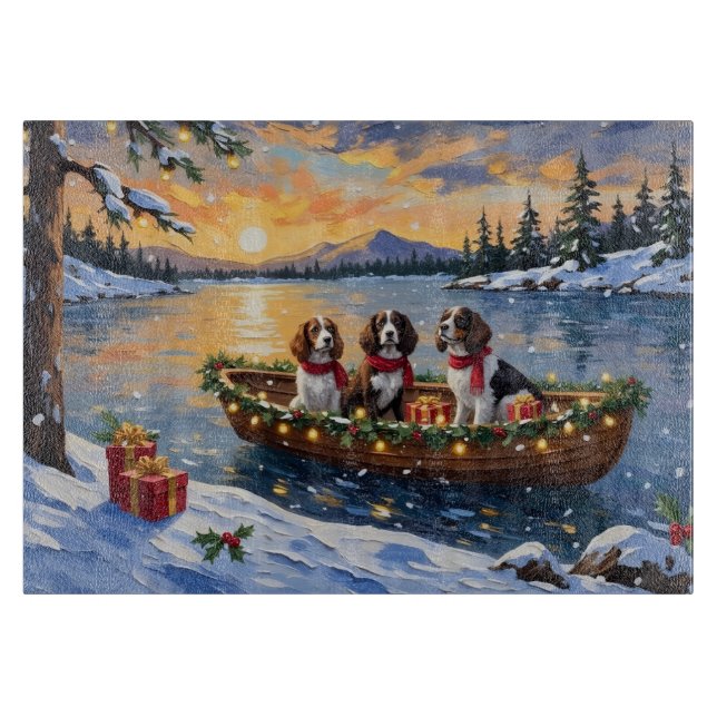 Tabla De Cortar Navidad en Barco con Brittany Spaniel (Anverso)