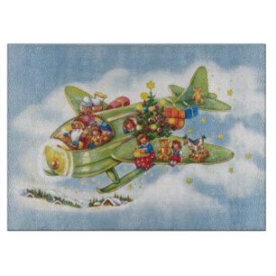 Tabla De Cortar Navidad vintage, Santa Claus volando un avión