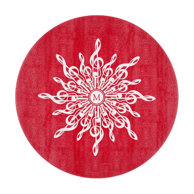 Tabla De Cortar Navidades Monograma Ornamental Rojo G-Clef Snowfla (Anverso)