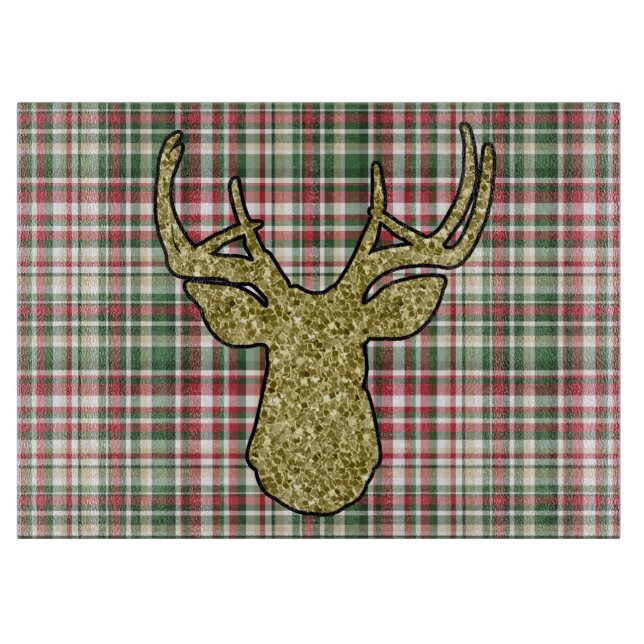 Tabla De Cortar Navidades XMAS Plaid Tartan Gold Deer Buck Glass (Anverso)
