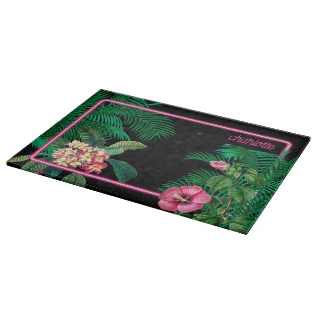Tabla De Cortar Neon Pink Tropical Botanicals Monograma (Borde)