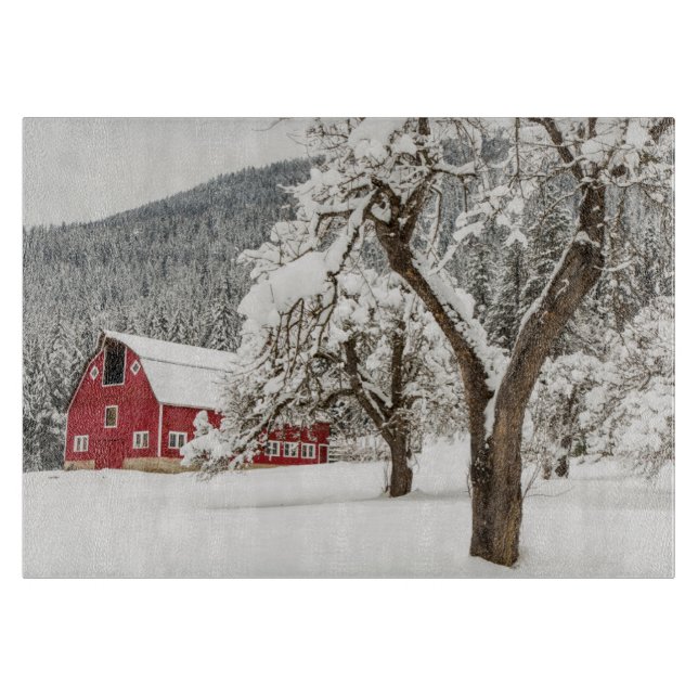 Tabla De Cortar Nieve fresca en granero rojo (Anverso)