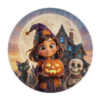 Tabla De Cortar Niña pequeña adorable con gato negro Feliz Hallowe