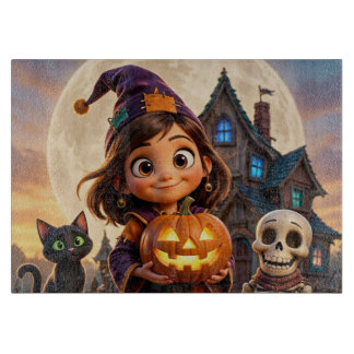 Tabla De Cortar Niña pequeña adorable con gato negro Feliz Hallowe