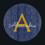 Tabla De Cortar Nombre de monograma de letra script moderna azul m<br><div class="desc">Tabla de cortar con nombre de monograma de letra script simple azul marino y dorado. Esto hace el regalo perfecto de graduación,  cumpleaños,  boda,  despedida de soltera,  aniversario,  baby shower o fiesta de soltera para alguien que ama el glamour de lujo y los estilos chic.</div>