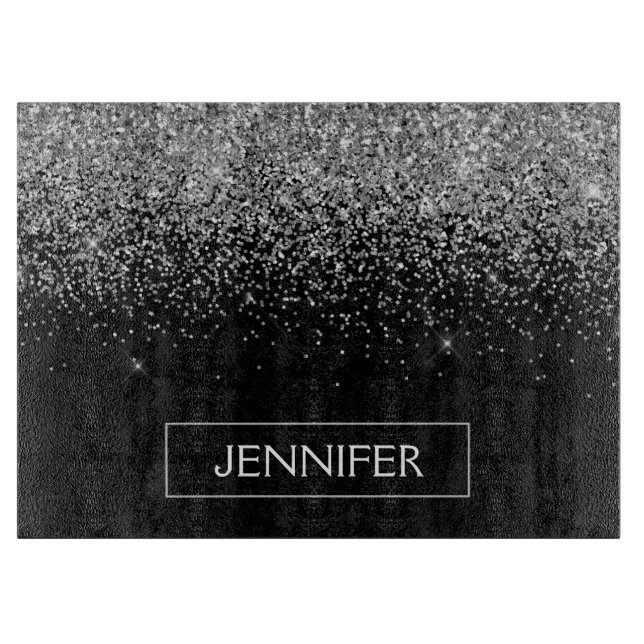Tabla De Cortar Nombre de monograma glitter negro plateado femenin (Anverso)