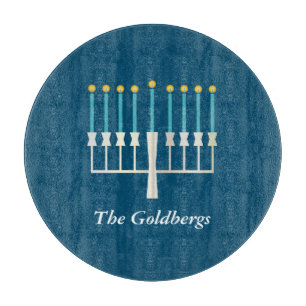 Tabla De Cortar Nombre familiar personalizado Blue Hanukkah Menora