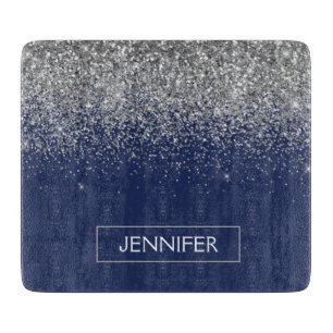 Tabla De Cortar Nombre Monograma Glitter Azul Marino Plateado Feme