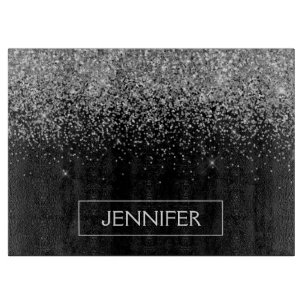 Tabla De Cortar Nombre Monograma Glitter Plateado Negro Femenino