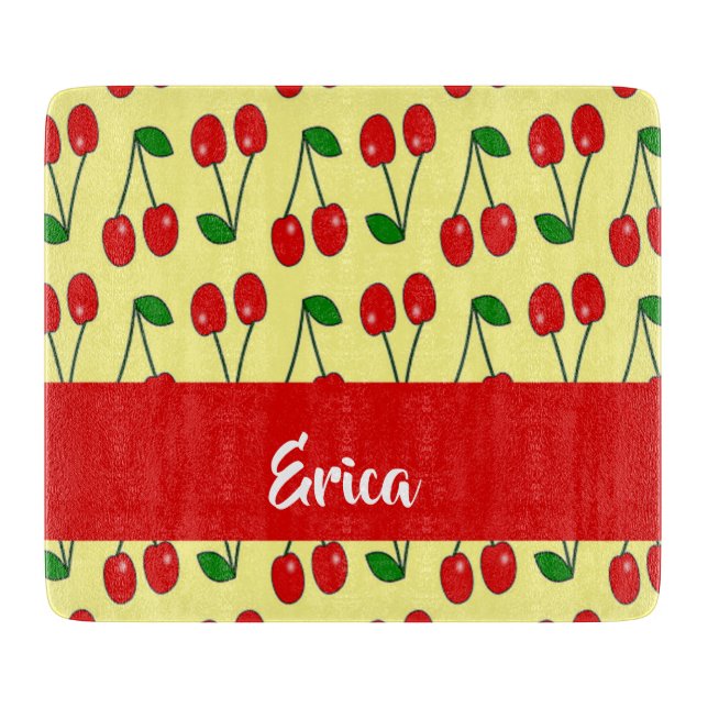 Tabla De Cortar Nombre personalizado de cerezas rojas en amarillo (Anverso)