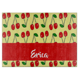 Tabla De Cortar Nombre personalizado de cerezas rojas en amarillo