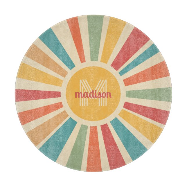 Tabla De Cortar Nombre personalizado y bandas retro monograma (Anverso)