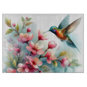 Tabla De Cortar Obra artística de colibrí floral/primavera