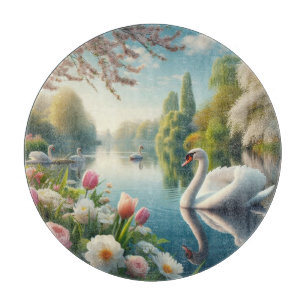 Tabla De Cortar Obra artística de primavera de lagos de cisne flor