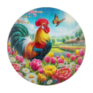 Tabla De Cortar Obra de arte de gallos/gallos/gallinas con flores/