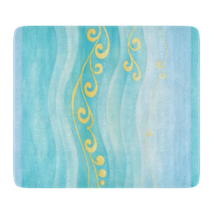 Tabla De Cortar Ola de mar azul y dorada