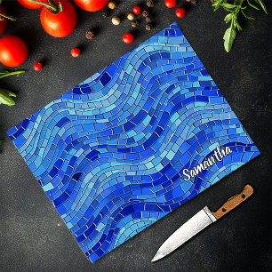 Tabla De Cortar Olas de mosaico azul elegante vidrio teñido