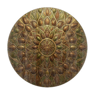 Tabla De Cortar Ornato Mandala Floral Bronce Dorado Realzado 