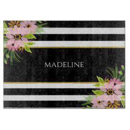 Tabla De Cortar Oro floral blanco negro a rayas | Personalizado
