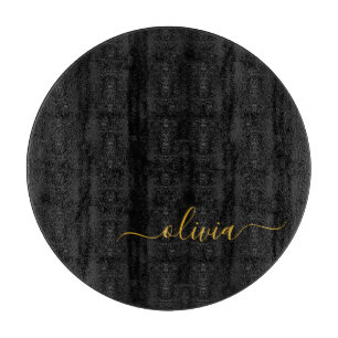 Tabla De Cortar Oro Negro Nombre Monograma Moderno Script Femenino