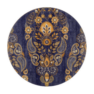 Tabla De Cortar Oro y azul, floral sin costuras.